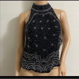 Adrianna Papell Black and Silver Embellished Halter Top